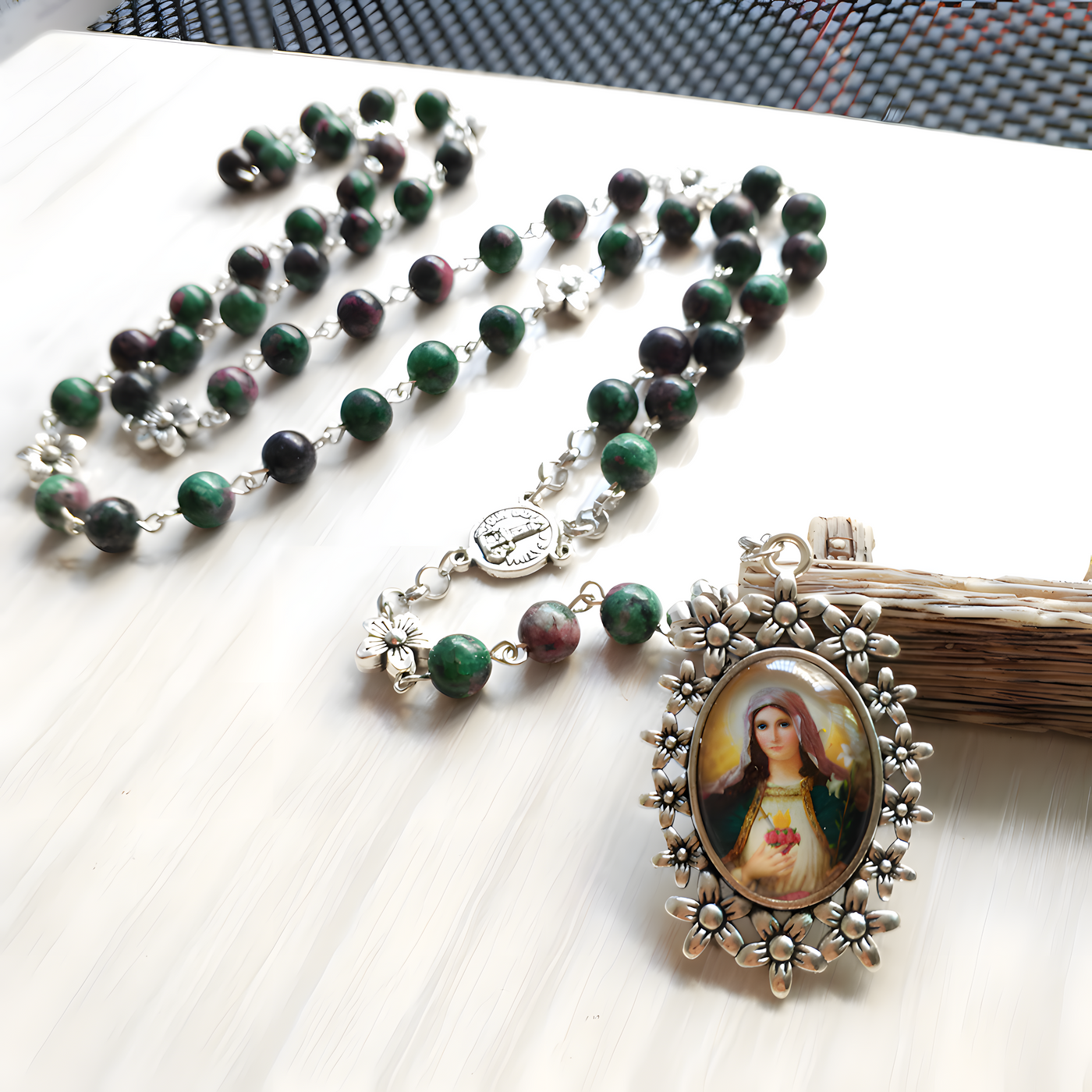 BlessingTree Glass Sacred Heart Rosary Necklace with Natural Stone Beads