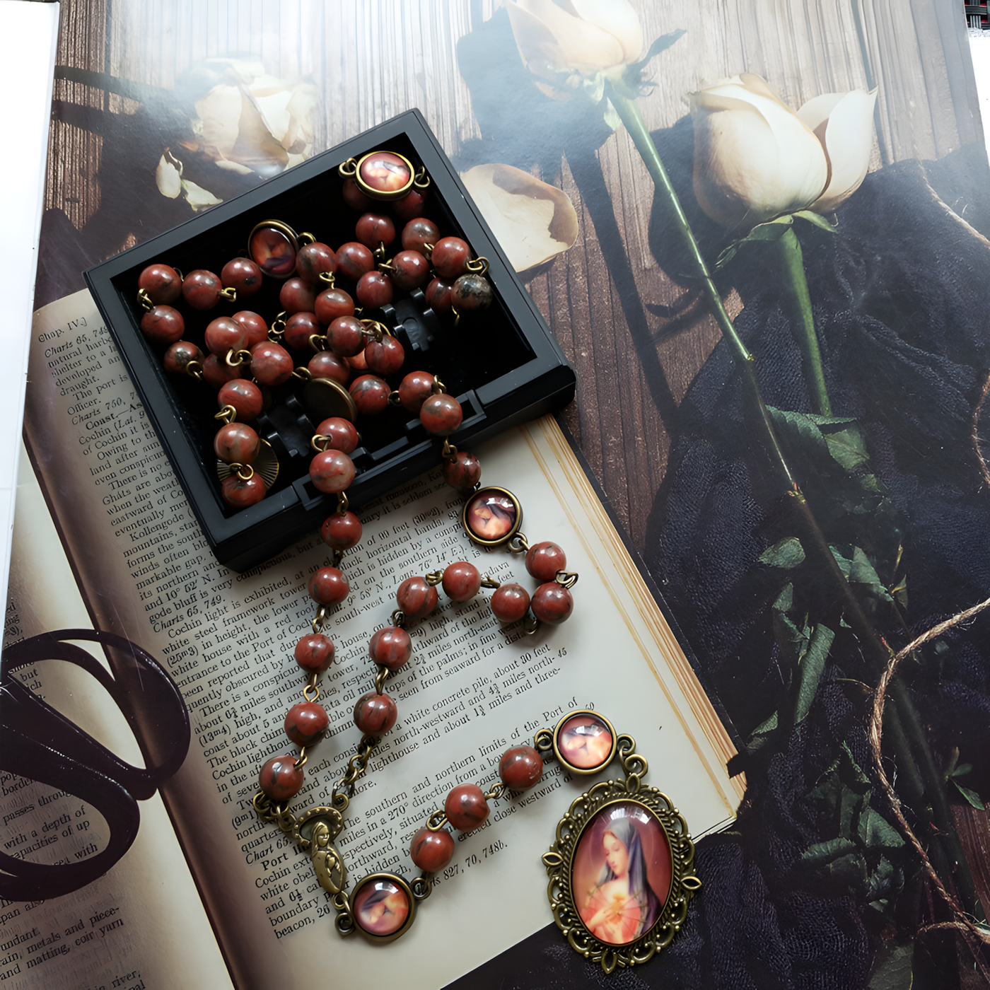 BlessingTree Vintage Jasper Rosary Necklace with Virgin Mary Medal and Crucifix Pendant