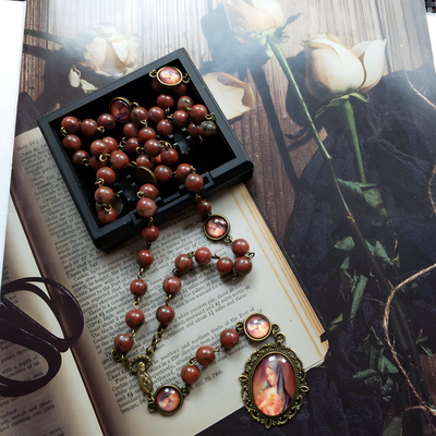BlessingTree Vintage Jasper Rosary Necklace with Virgin Mary Medal and Crucifix Pendant