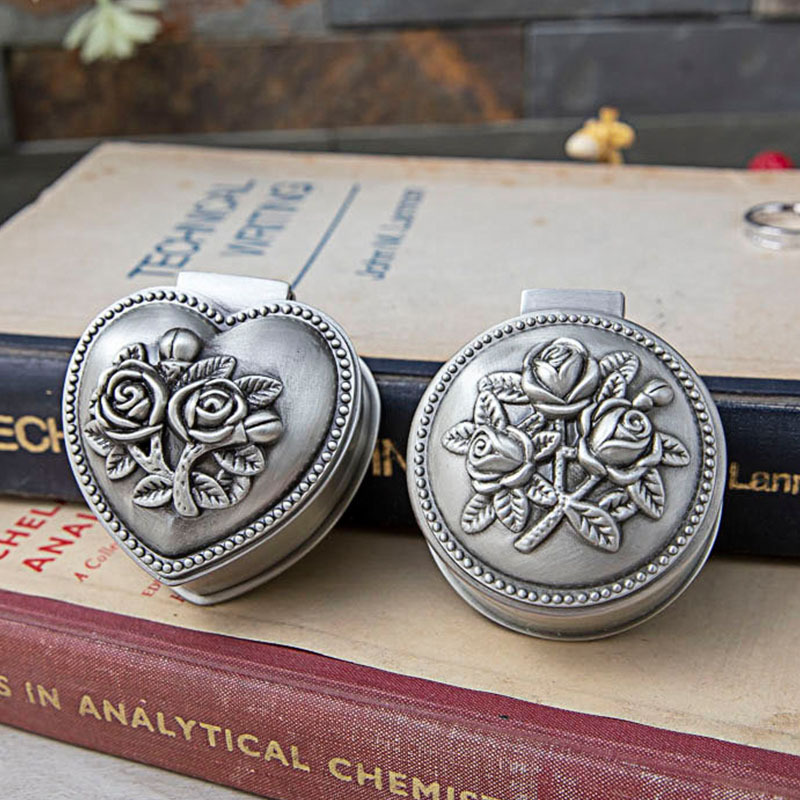 BlessingTree Vintage Rose Jewelry Box, Zinc Alloy Ring and Rosary Storage Case, Round or Heart Design