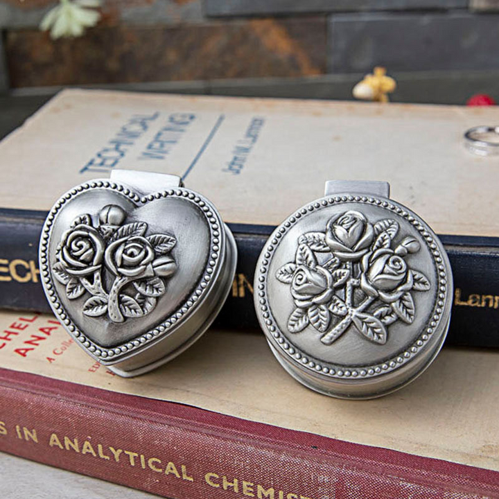 BlessingTree Vintage Rose Jewelry Box, Zinc Alloy Ring and Rosary Storage Case, Round or Heart Design