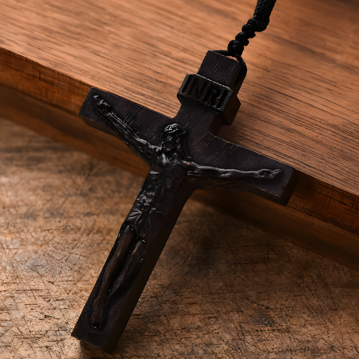 BlessingTree Natural Wood Crucifix Necklace, Hand-Carved Jesus Pendant with Adjustable Cord