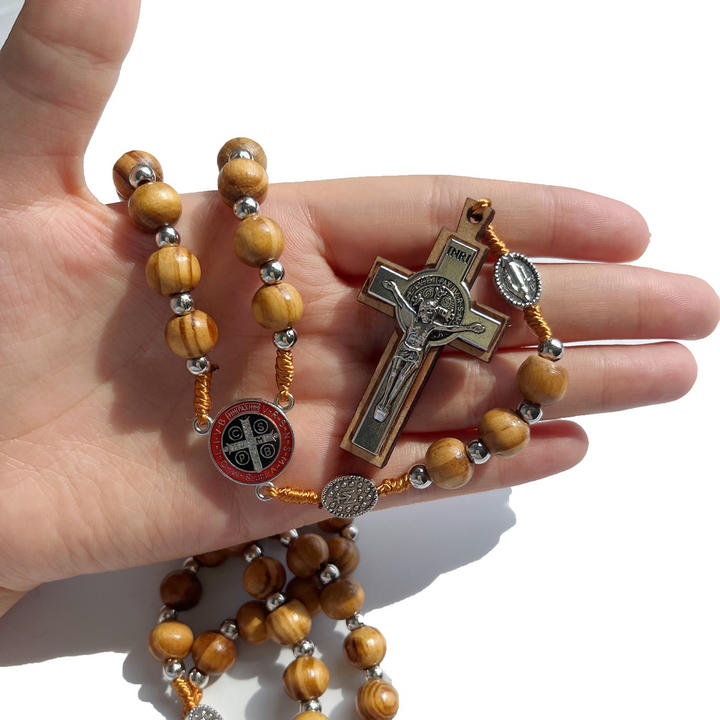 BlessingTree Vintage Natural Wood Bead Rosary Necklace