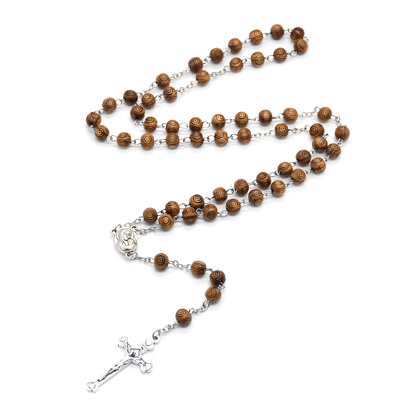 BlessingTree Handmade Wooden Rosary Necklace with Metal Crucifix