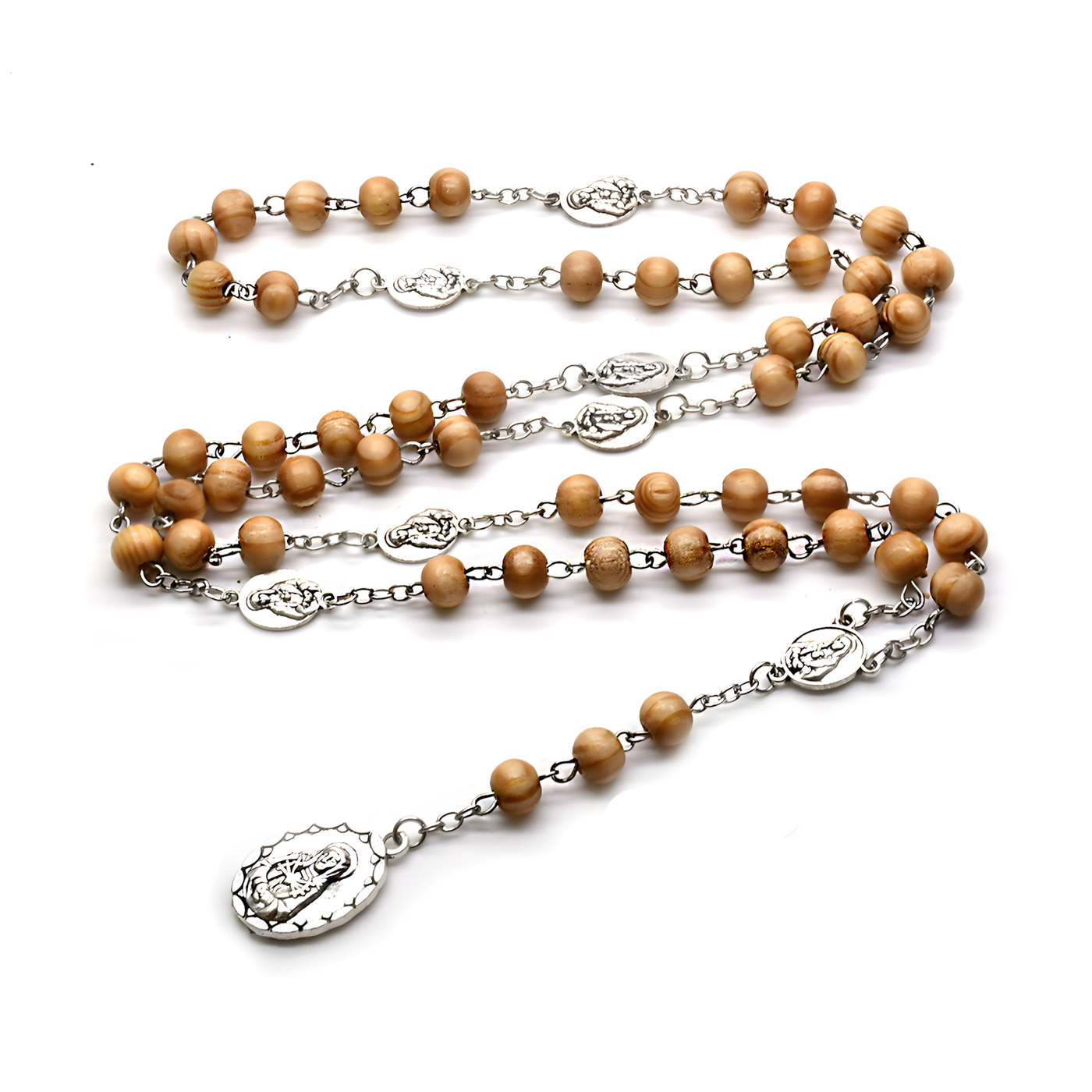 BlessingTree Seven Sorrows Rosary Necklace with Brown Pinewood Beads and Alloy Medals