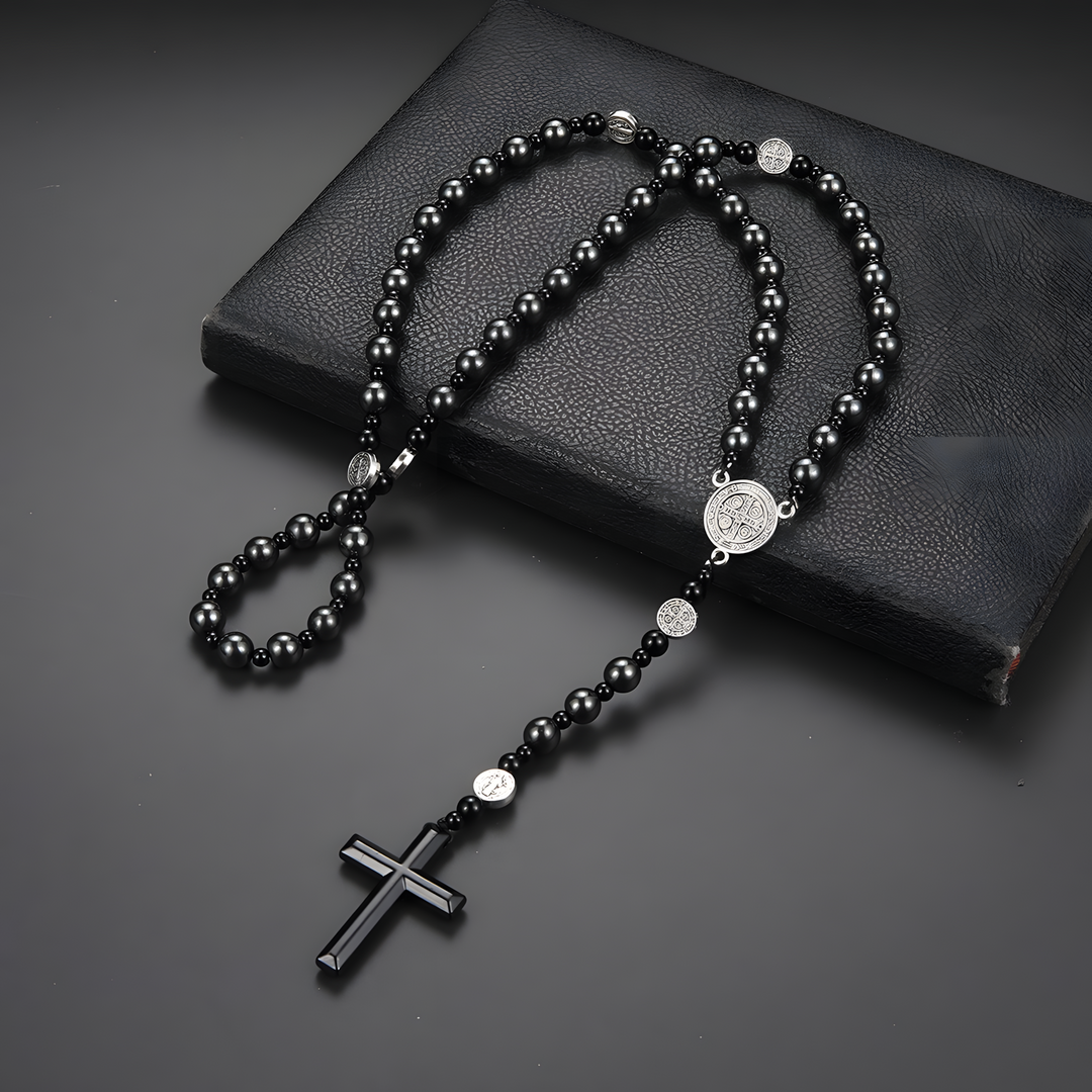 BlessingTree Black Onyx St. Benedict Rosary Necklace
