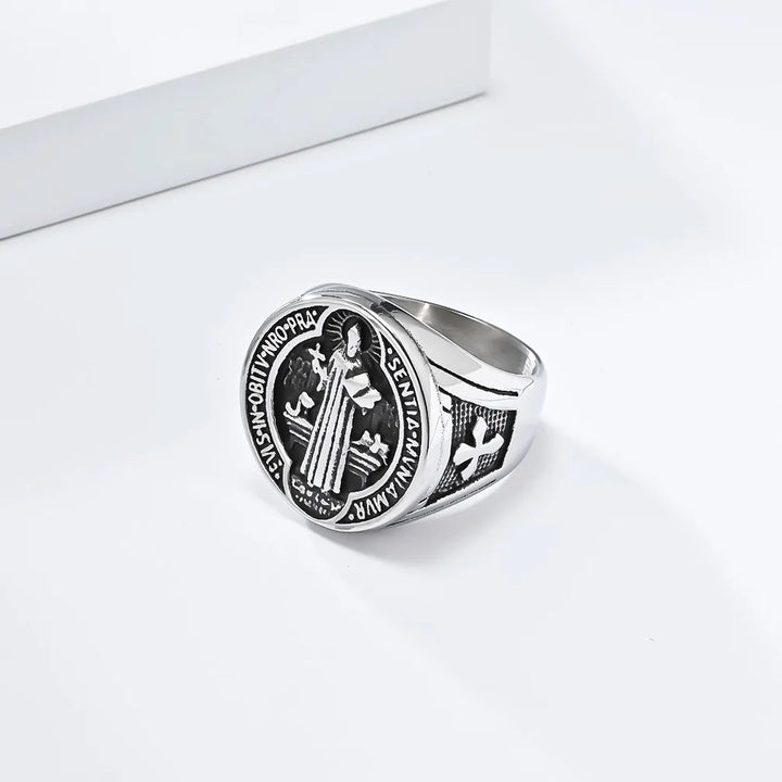 BlessingTree Vintage St. Benedict Stainless Steel Ring