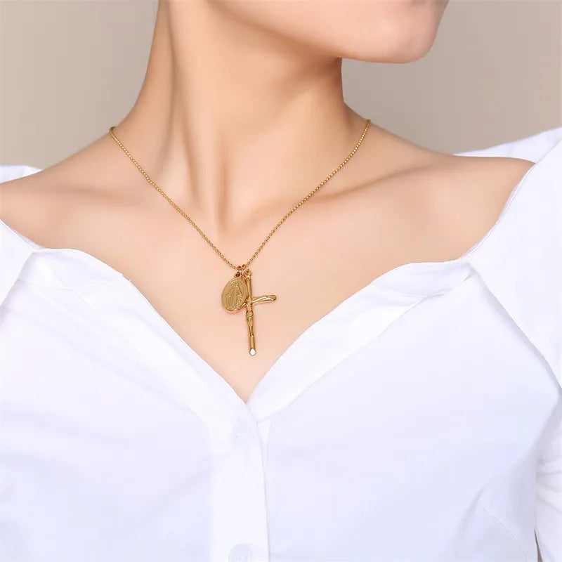 BlessingTree Virgin Mary Cross Necklace for Women with Ball Chain