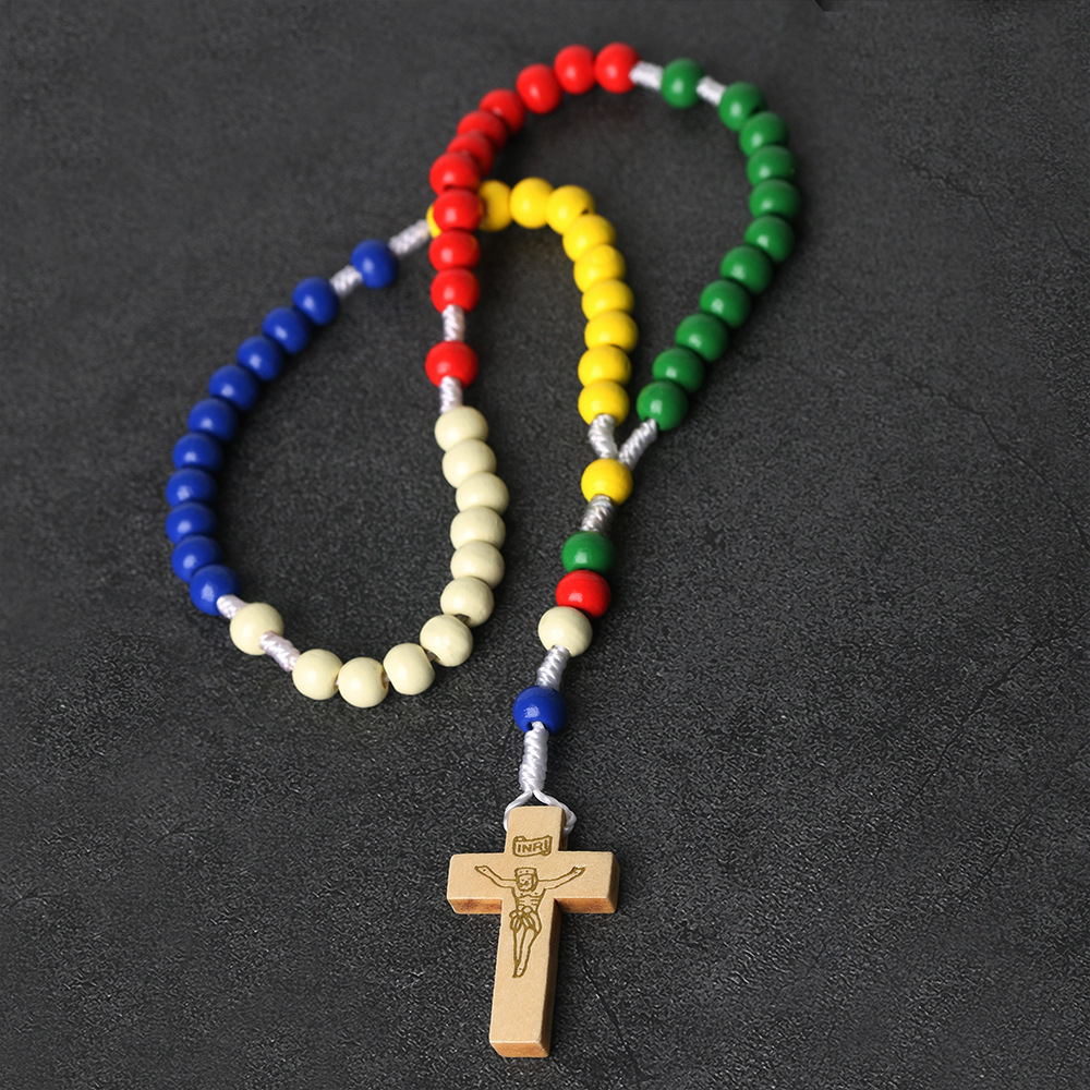 BlessingTree Kids Wooden Rosary, Colorful Wood Beads with Cross for Prayer, First Communion and Baptism Gift