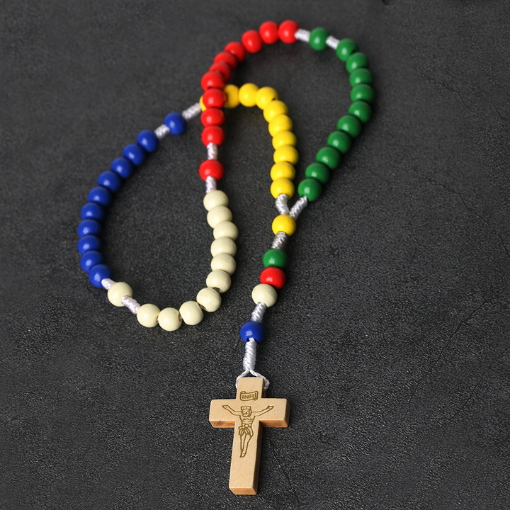 BlessingTree Kids Wooden Rosary, Colorful Wood Beads with Cross for Prayer, First Communion and Baptism Gift