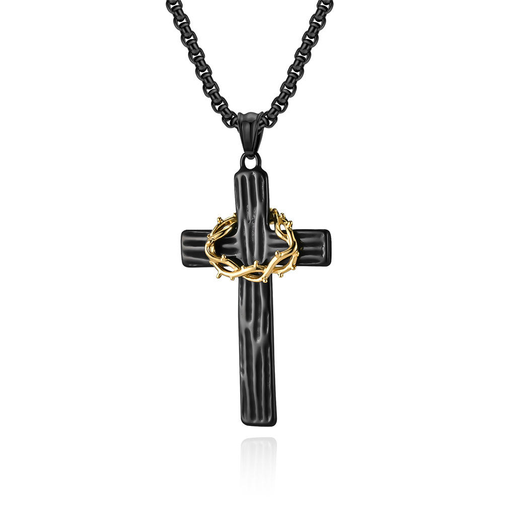 BlessingTree Stainless Steel Cross Necklace with Crown of Thorns