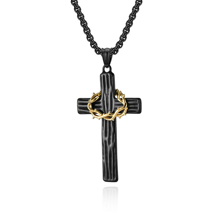 BlessingTree Stainless Steel Cross Necklace with Crown of Thorns