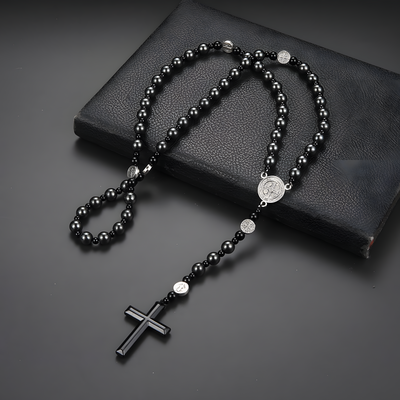 BlessingTree Black Onyx St. Benedict Rosary Necklace