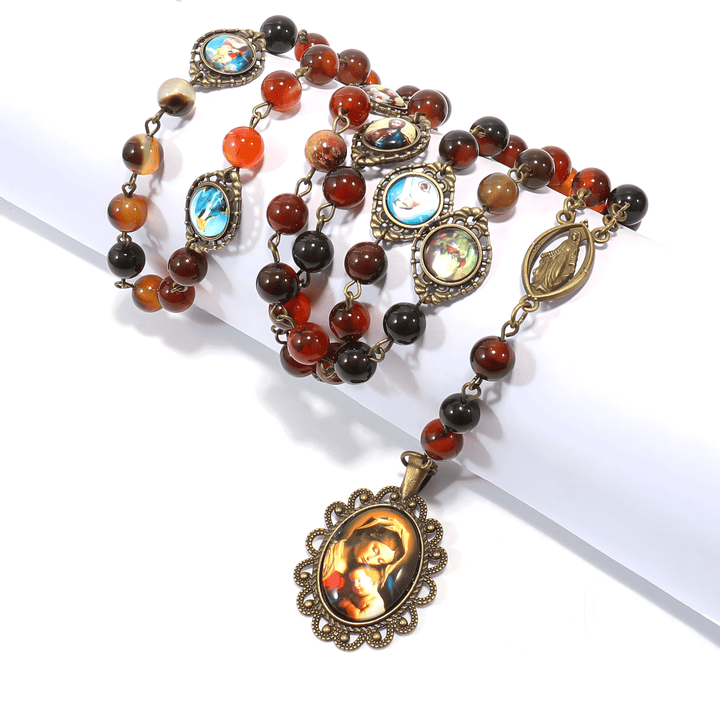 BlessingTree Traditional Five-Decade Rosary Necklace with Red Agate Beads & Virgin Mary Pendant