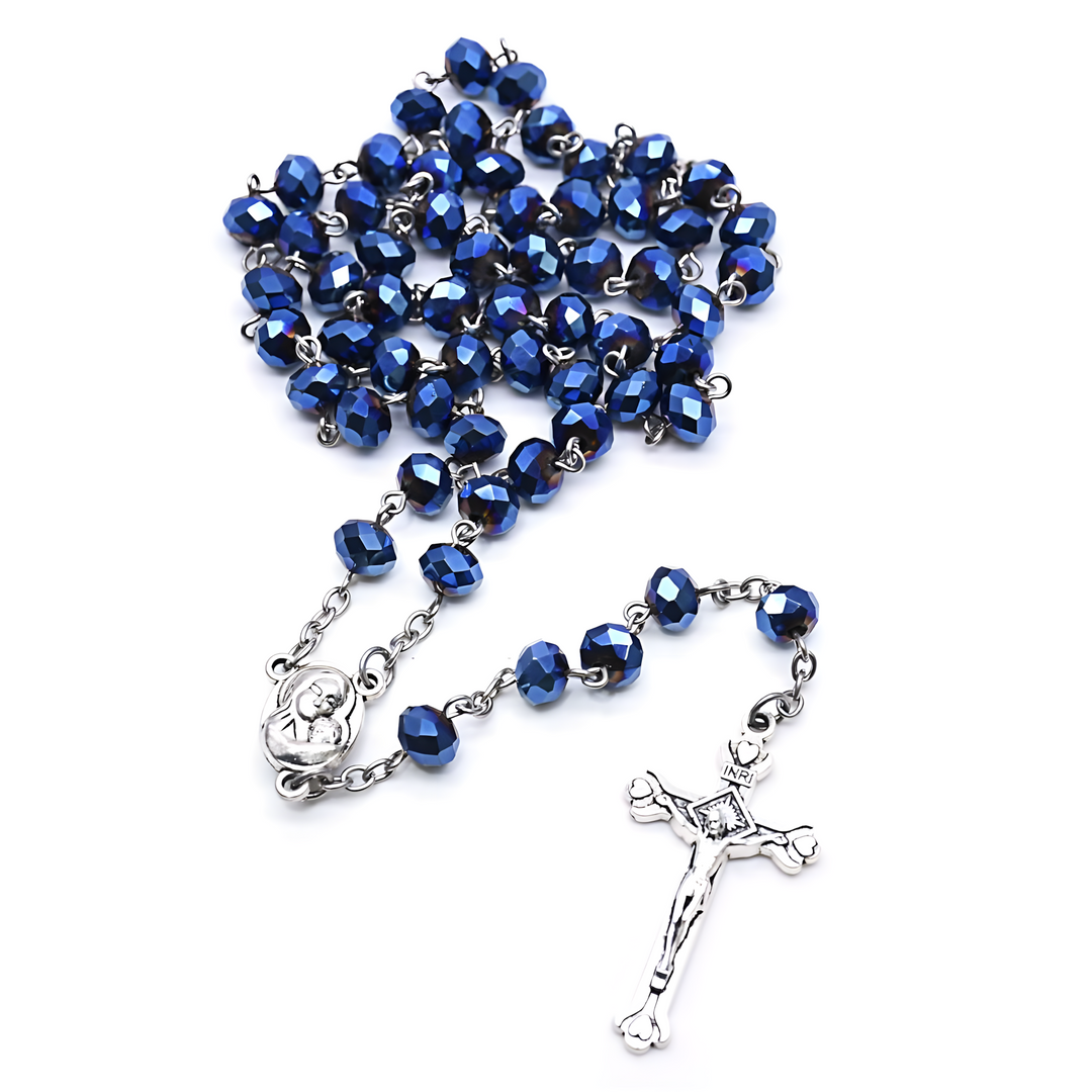 BlessingTree Deep Blue Crystal Rosary Necklace with Silver Crucifix and Virgin Mary Centerpiece