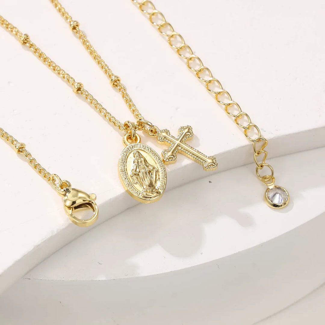 Dainty Virgin Mary Cross Necklace Catholic Miraculous Medal Necklace for Women Baptism Gift