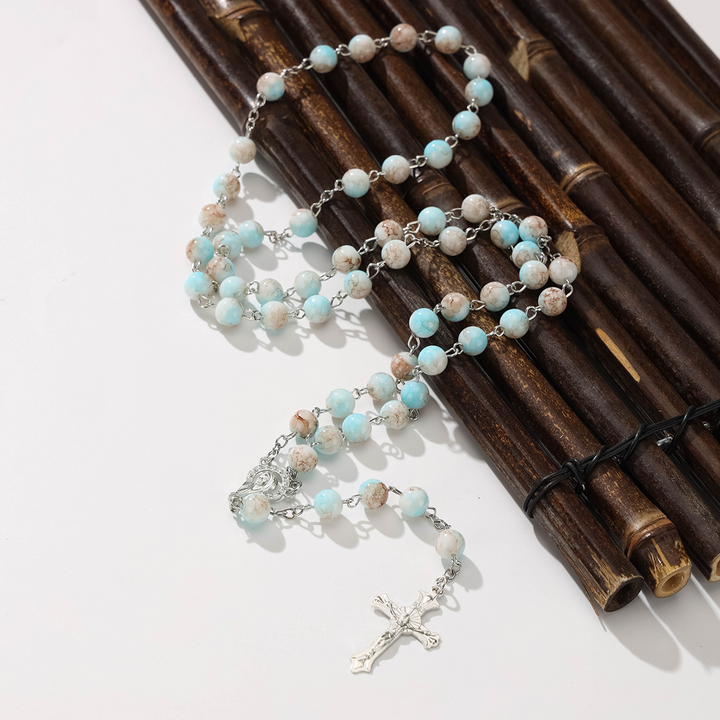 BlessingTree Vintage Blue Glass Bead Rosary Necklace