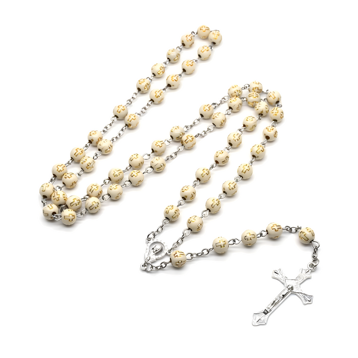 BlessingTree Cream White Cross Rosary Necklace — Elegant Prayer Beads with Silver Crucifix