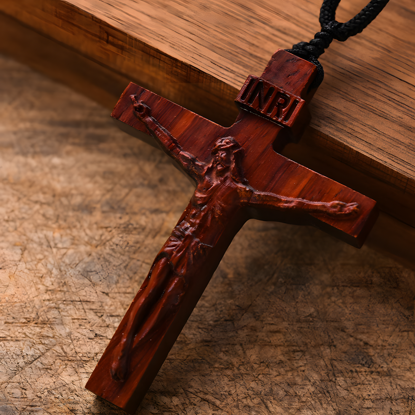 BlessingTree Natural Wood Crucifix Necklace, Hand-Carved Jesus Pendant with Adjustable Cord