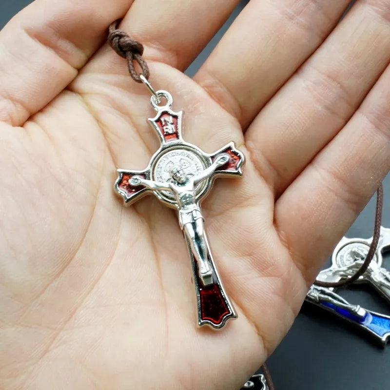 BlessingTree Saint Benedict Crucifix Pendant Silver Plated Alloy with Red Enamel and INRI