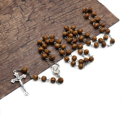 BlessingTree Handmade Wooden Rosary Necklace with Metal Crucifix