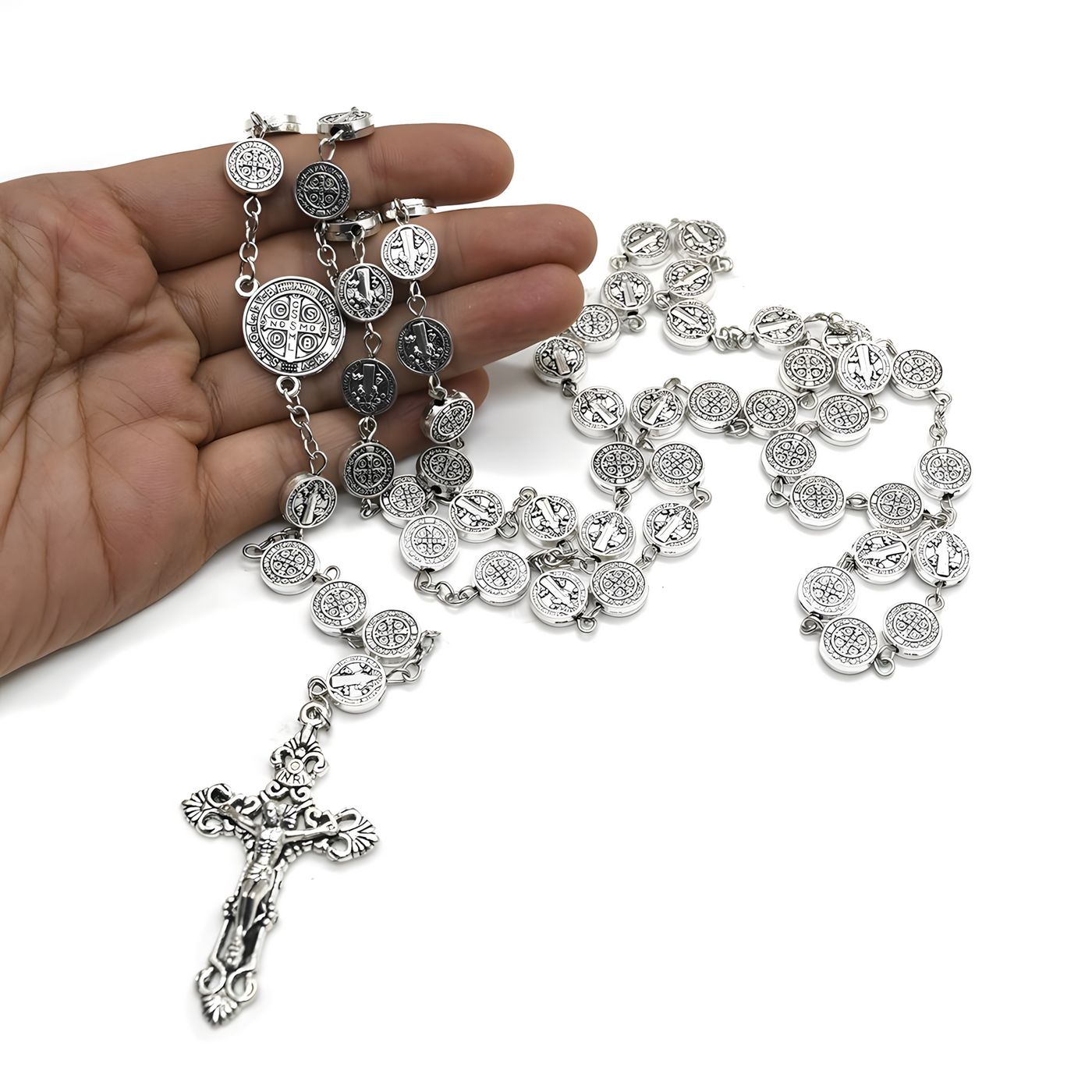 St. Benedict Antique Silver Rosary Necklace – 10mm Alloy Beads Catholic Crucifix Prayer Beads