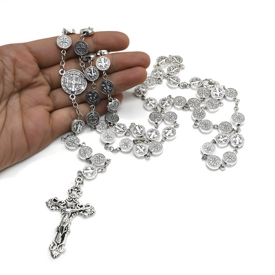 St. Benedict Antique Silver Rosary Necklace – 10mm Alloy Beads Catholic Crucifix Prayer Beads