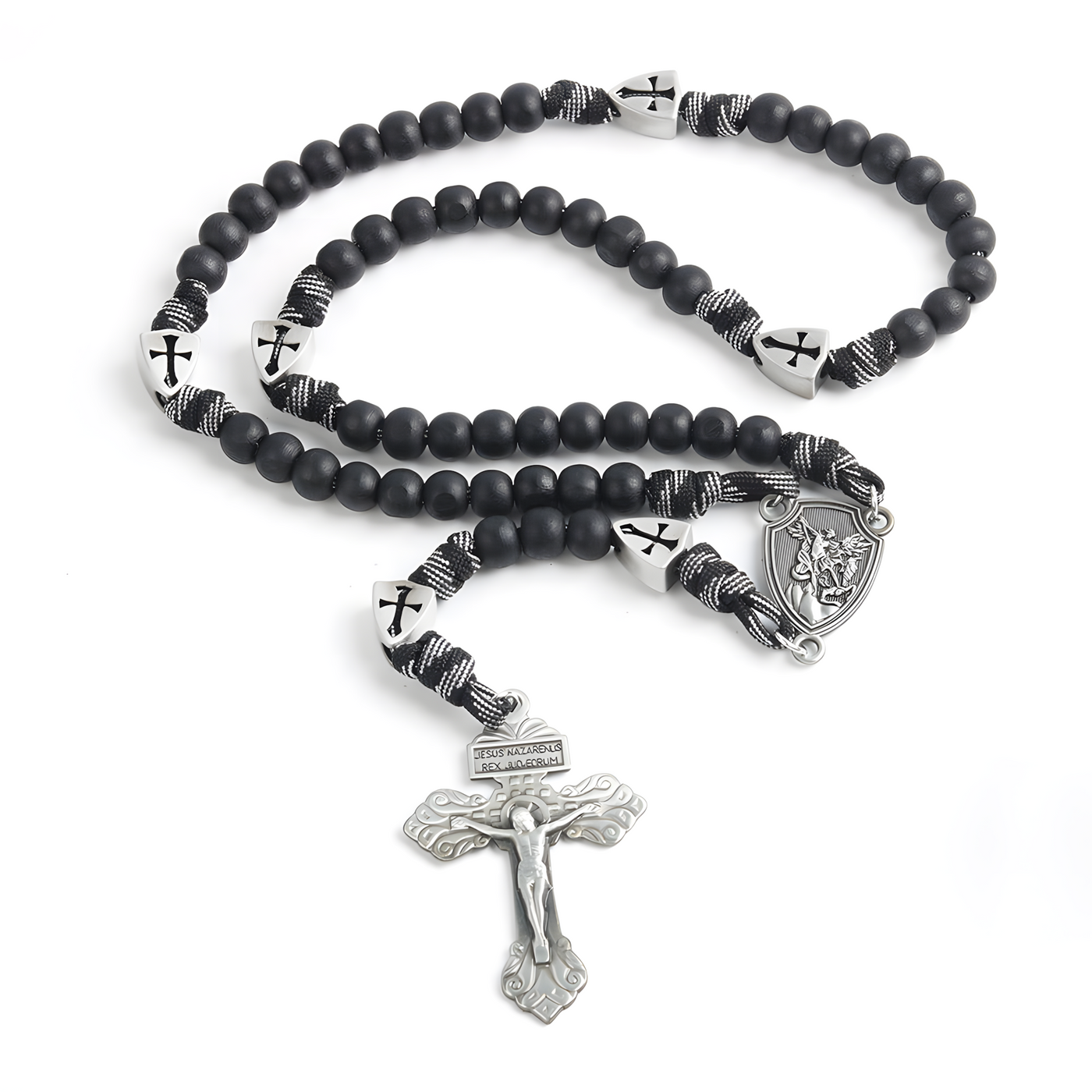 BlessingTree Saint Michael Paracord Rosary Necklace – Antique Bronze / Matte Black Metal Beads