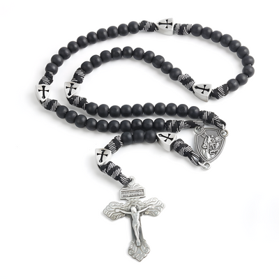 BlessingTree Saint Michael Paracord Rosary Necklace – Antique Bronze / Matte Black Metal Beads