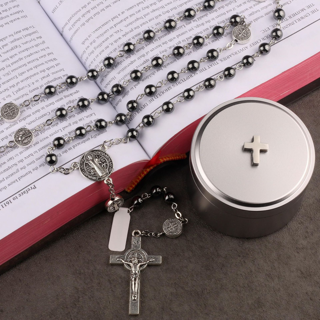 BlessingTree Hematite Rosary Necklace with Saint Benedict Cross