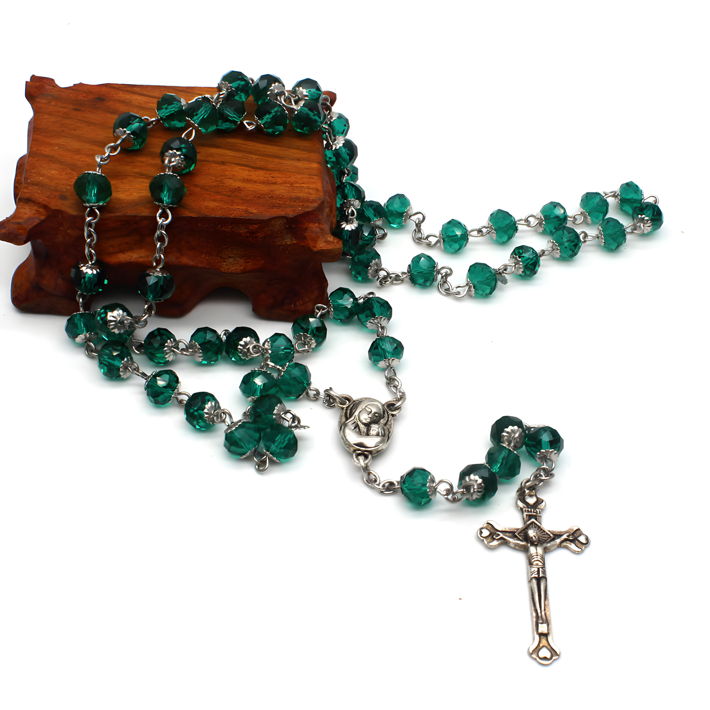 BlessingTree Emerald Crystal Rosary with Silver Crucifix – A Handcrafted Beaded Prayer Necklace