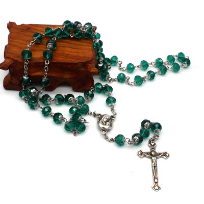 BlessingTree Emerald Crystal Rosary with Silver Crucifix – A Handcrafted Beaded Prayer Necklace