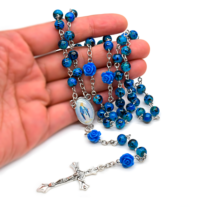 BlessingTree Blue Rose Bead Glass Rosary Necklace with Silver Crucifix and Virgin Mary Centerpiece