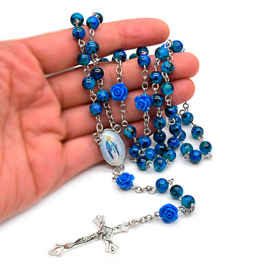 BlessingTree Blue Rose Bead Glass Rosary Necklace with Silver Crucifix and Virgin Mary Centerpiece