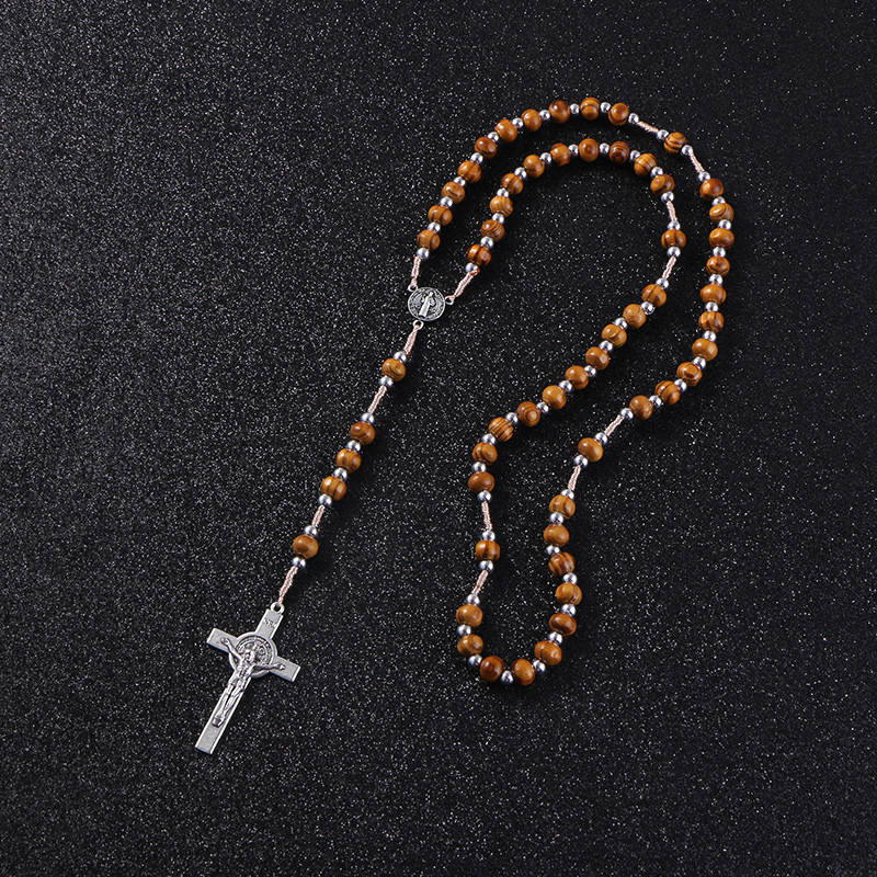 BlessingTree Natural Wood Bead Rosary with St. Benedict Crucifix