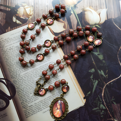 BlessingTree Vintage Jasper Rosary Necklace with Virgin Mary Medal and Crucifix Pendant