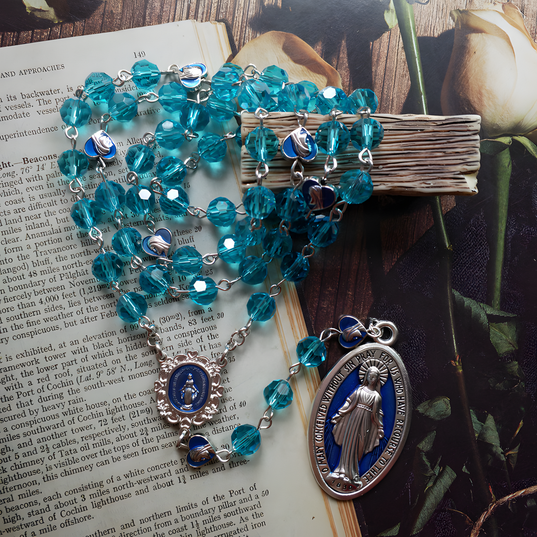 BlessingTree Miraculous Medal Rosary Necklace with 8mm Lake Blue Crystal Beads & Silver Crucifix