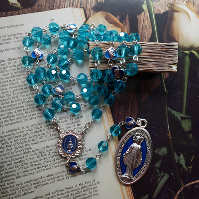 BlessingTree Miraculous Medal Rosary Necklace with 8mm Lake Blue Crystal Beads & Silver Crucifix