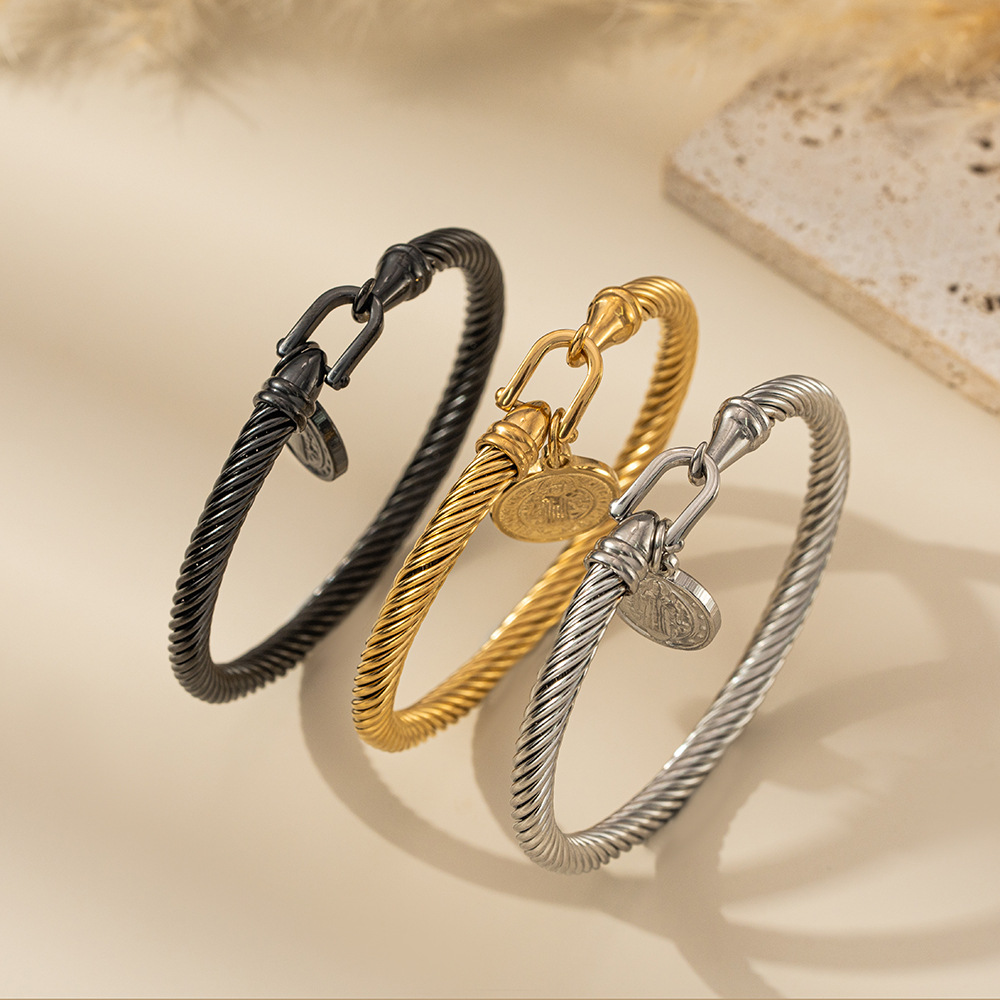 BlessingTree Stainless Steel Cable Bracelet with Saint Benedict Medal