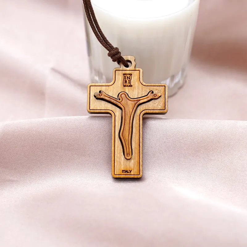 BlessingTree Olive Wood Double Layer Crucifix Necklace with INRI and Cord