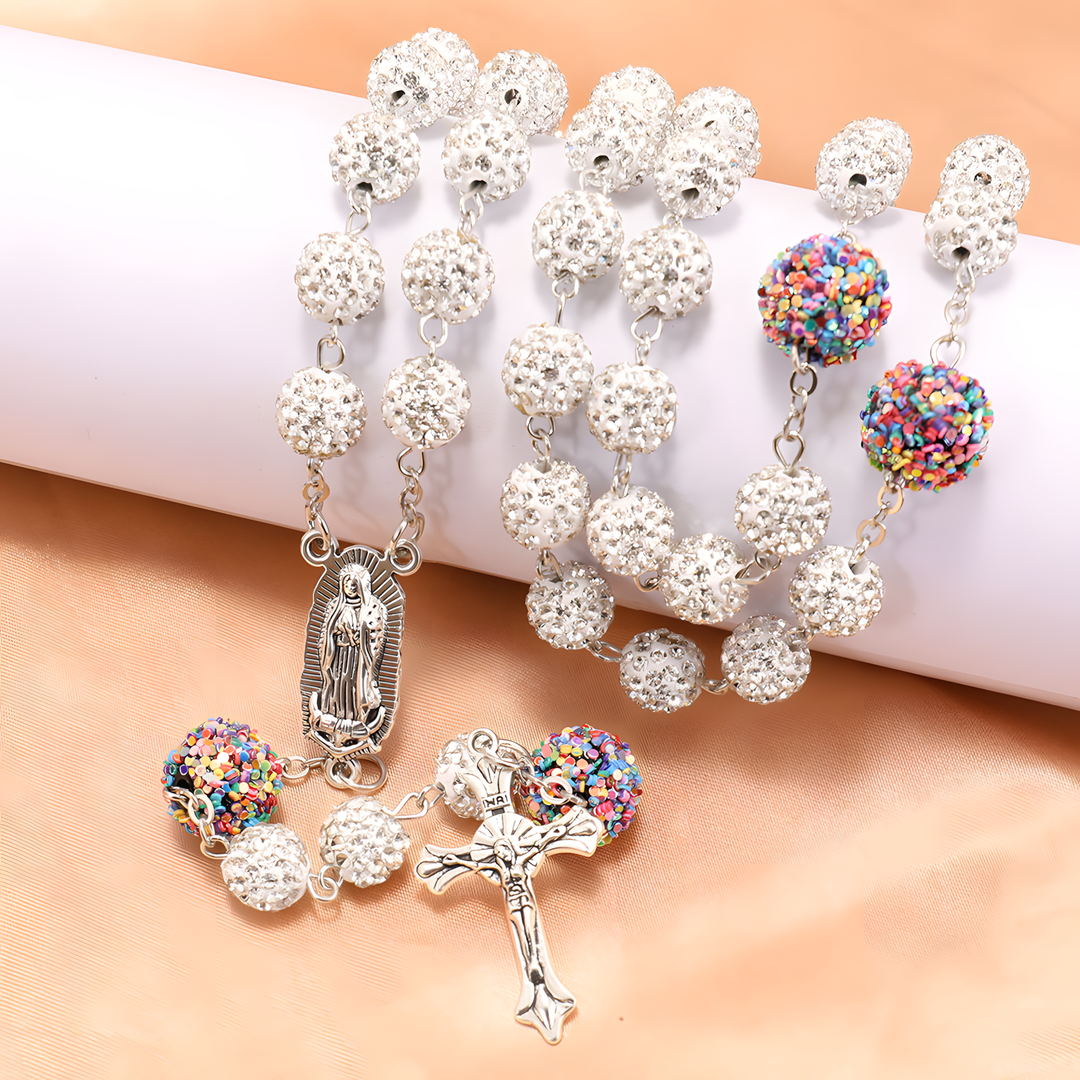 BlessingTree Our Lady of Guadalupe & Crucifix Rosary with 10mm White Rhinestone Beads