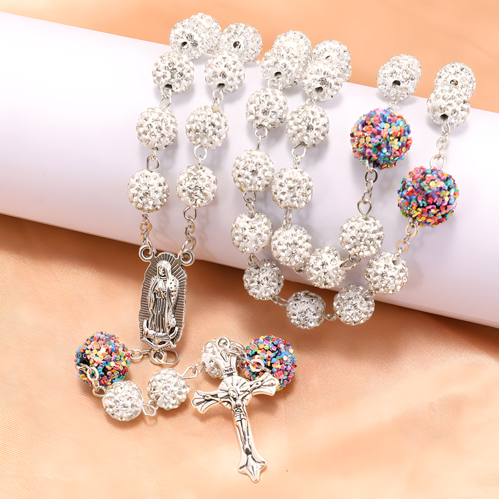 BlessingTree Our Lady of Guadalupe & Crucifix Rosary with 10mm White Rhinestone Beads