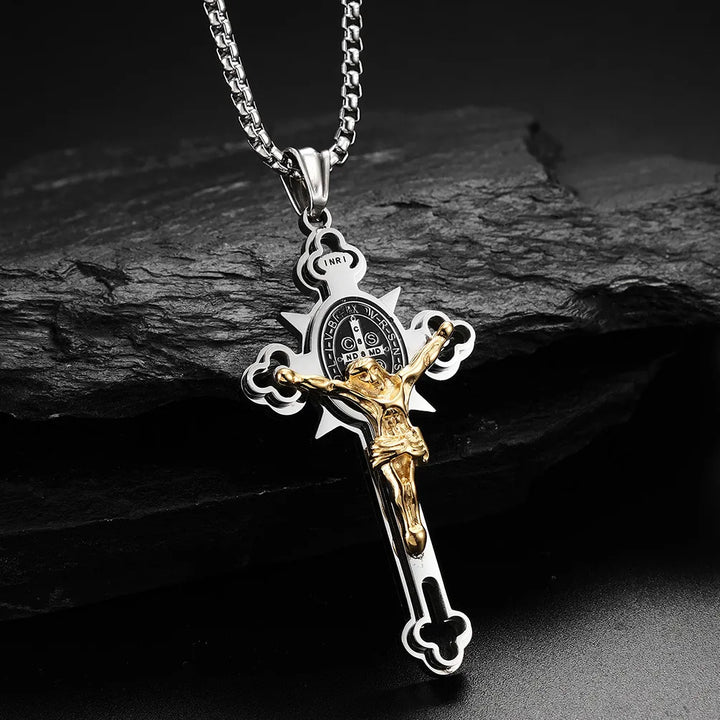 BlessingTree Saint Benedict Cross Pendant Necklace in Polished Titanium Steel with 2.5mm Chain