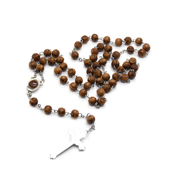 BlessingTree Handmade Wooden Rosary Necklace with Metal Crucifix