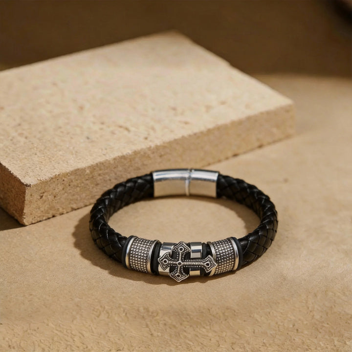 BlessingTree Braided Leather Cross Bracelet