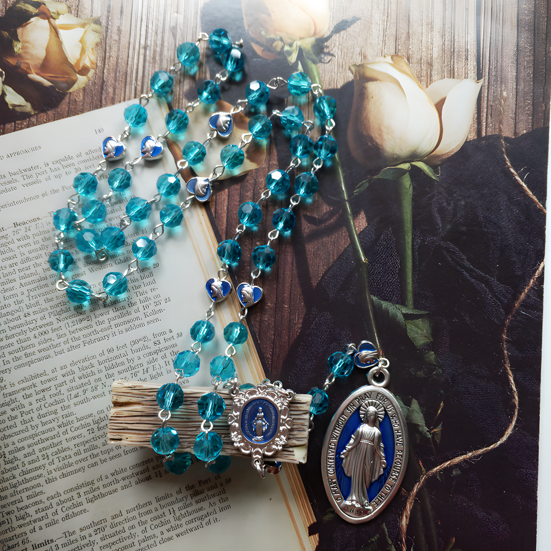 BlessingTree Miraculous Medal Rosary Necklace with 8mm Lake Blue Crystal Beads & Silver Crucifix