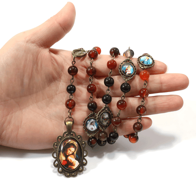BlessingTree Traditional Five-Decade Rosary Necklace with Red Agate Beads & Virgin Mary Pendant
