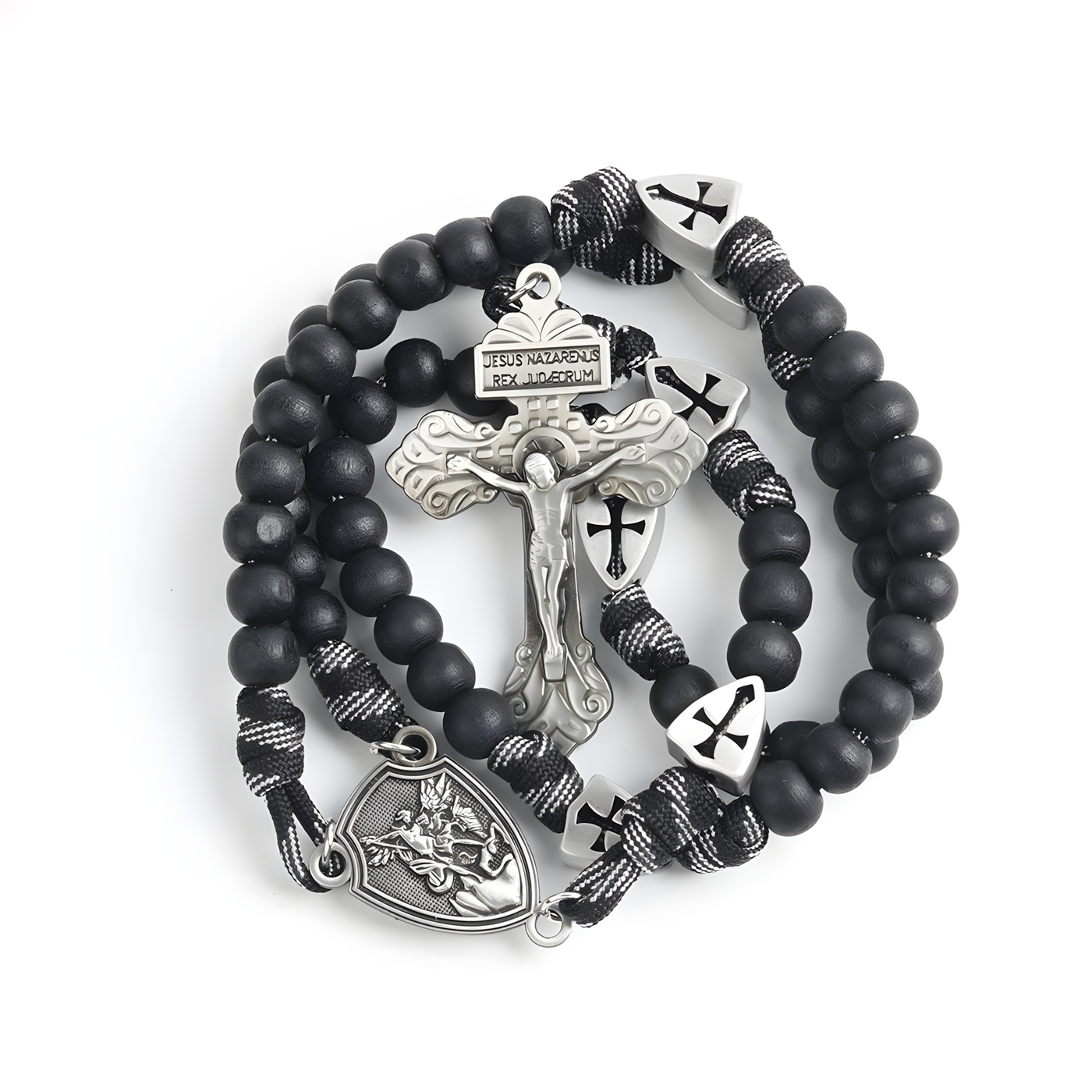 BlessingTree Saint Michael Paracord Rosary Necklace – Antique Bronze / Matte Black Metal Beads