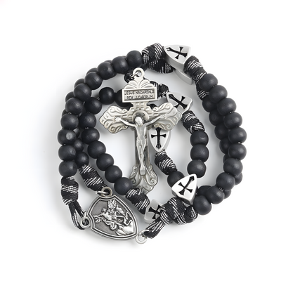 BlessingTree Saint Michael Paracord Rosary Necklace – Antique Bronze / Matte Black Metal Beads