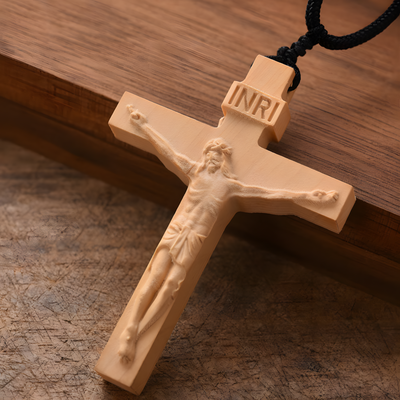 BlessingTree Natural Wood Crucifix Necklace, Hand-Carved Jesus Pendant with Adjustable Cord